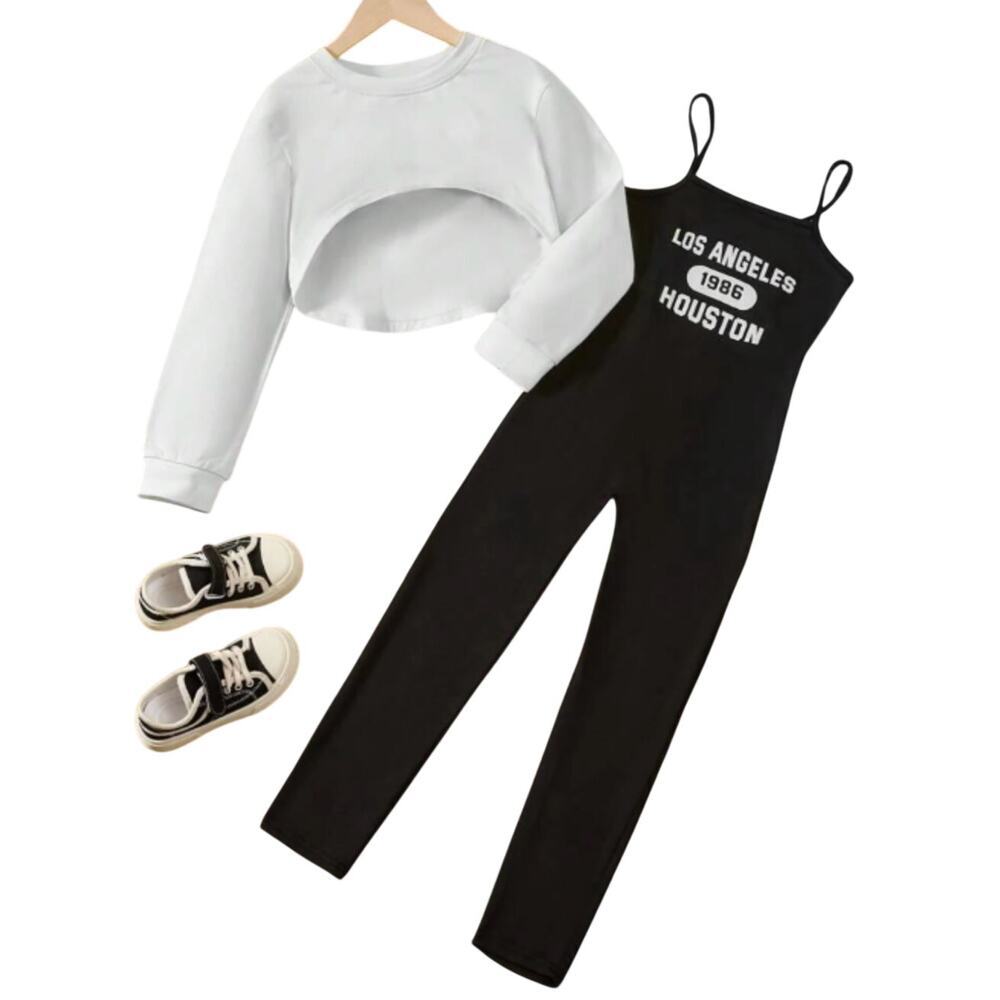 Girl Graphic Cami Jumpsuit & Crop Pullover in Black/White, Size 7Y​